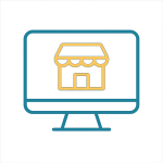Outline icon of a computer monitor displaying a small storefront symbol with awning and doorway, drawn in teal blue lines on a transparent background, representing an online class for small business owners.